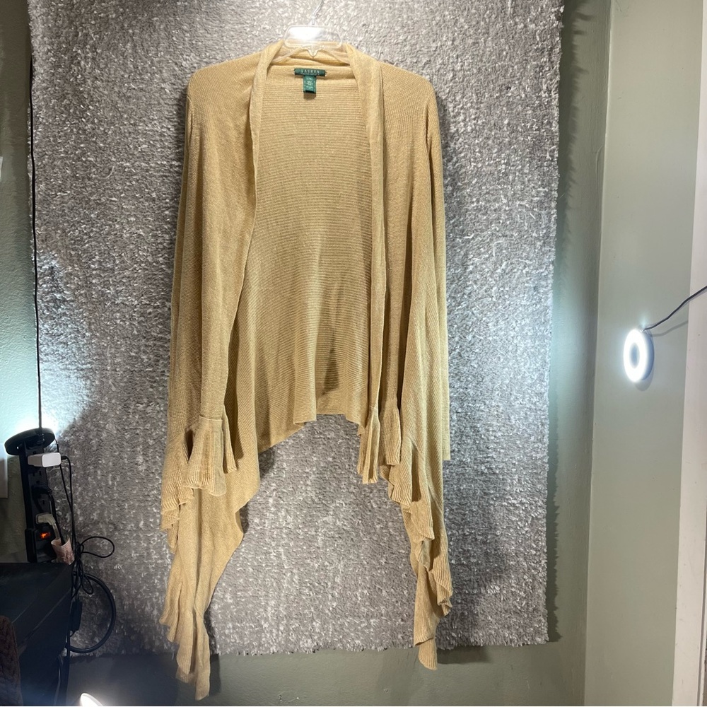 Lauren Ralph Lauren Linen Brown Long Cardigan Long Sleeve Ruffle Hi Low L, Xl